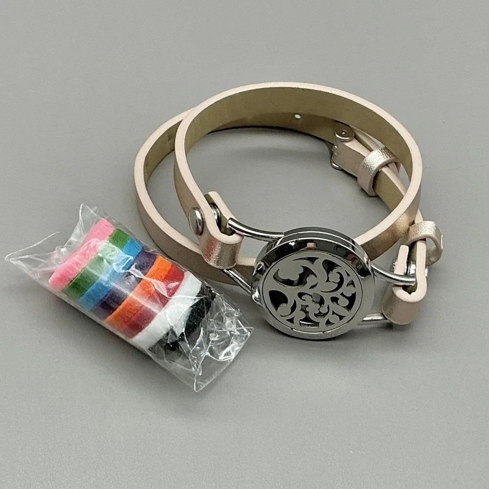 Bracelet Silver Beige Leather Wrap Tree Of Life Diffuser Locket Womens Jewelry